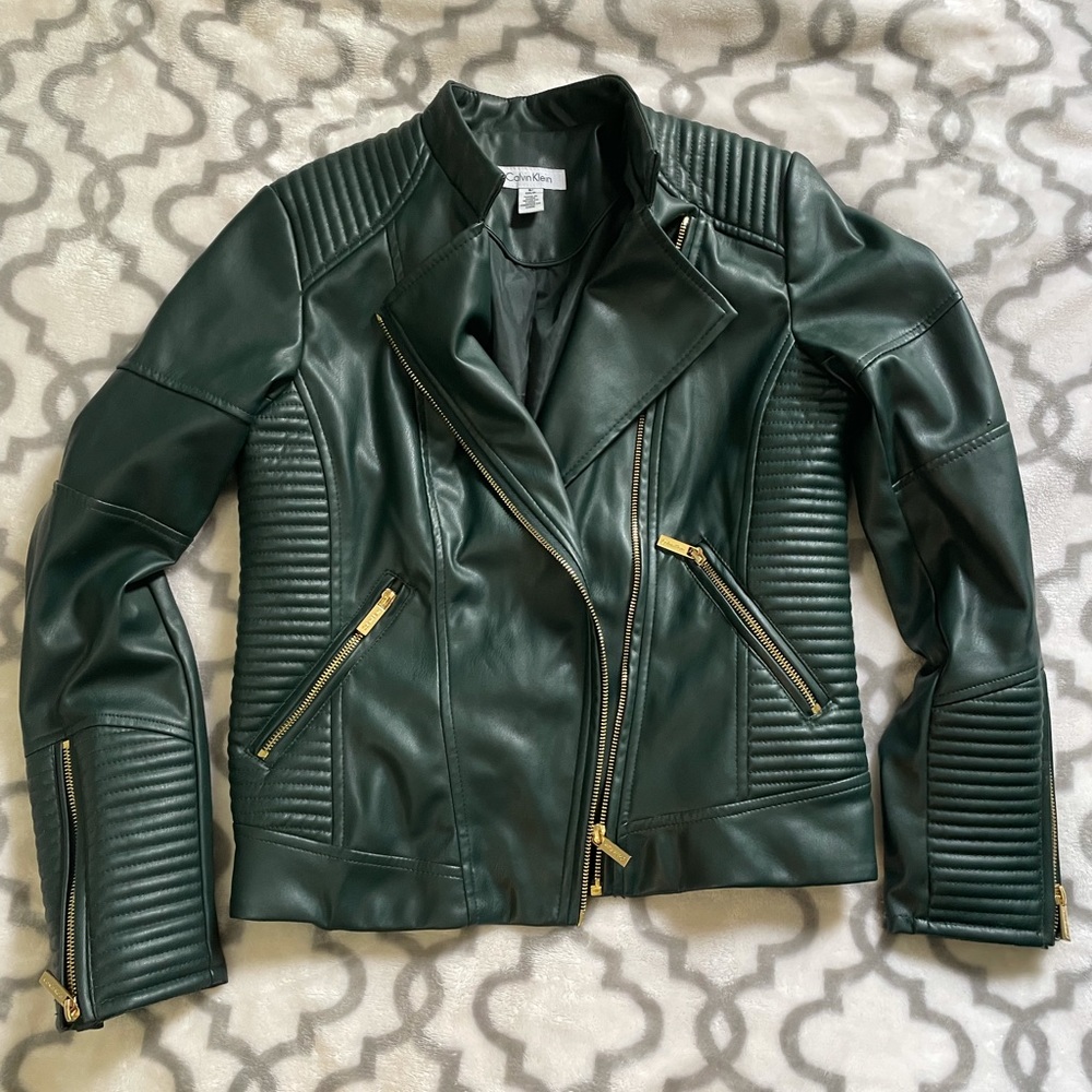 Calvin Klein Forrest green and gold leather moto style jacket